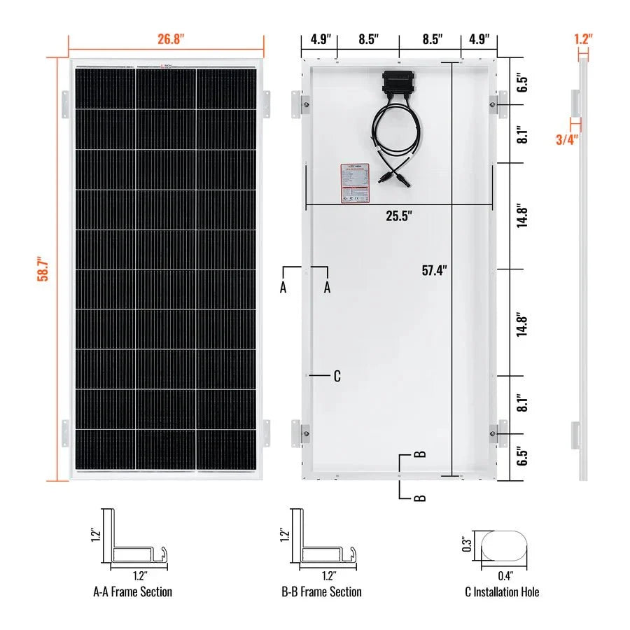 Rich Solar MEGA 200 12V 200W Solar Panel With 3/4" Z Brackets