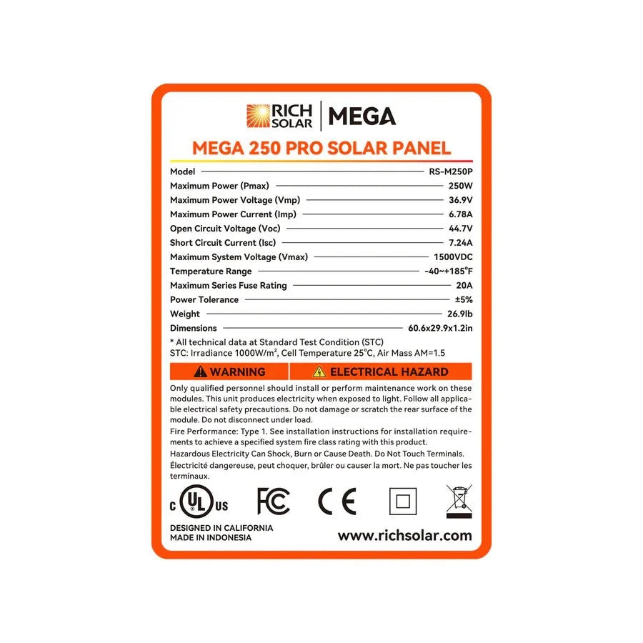Rich Solar MEGA 250 PRO 250 Watt Monocrystalline Solar Panel UL Certified
